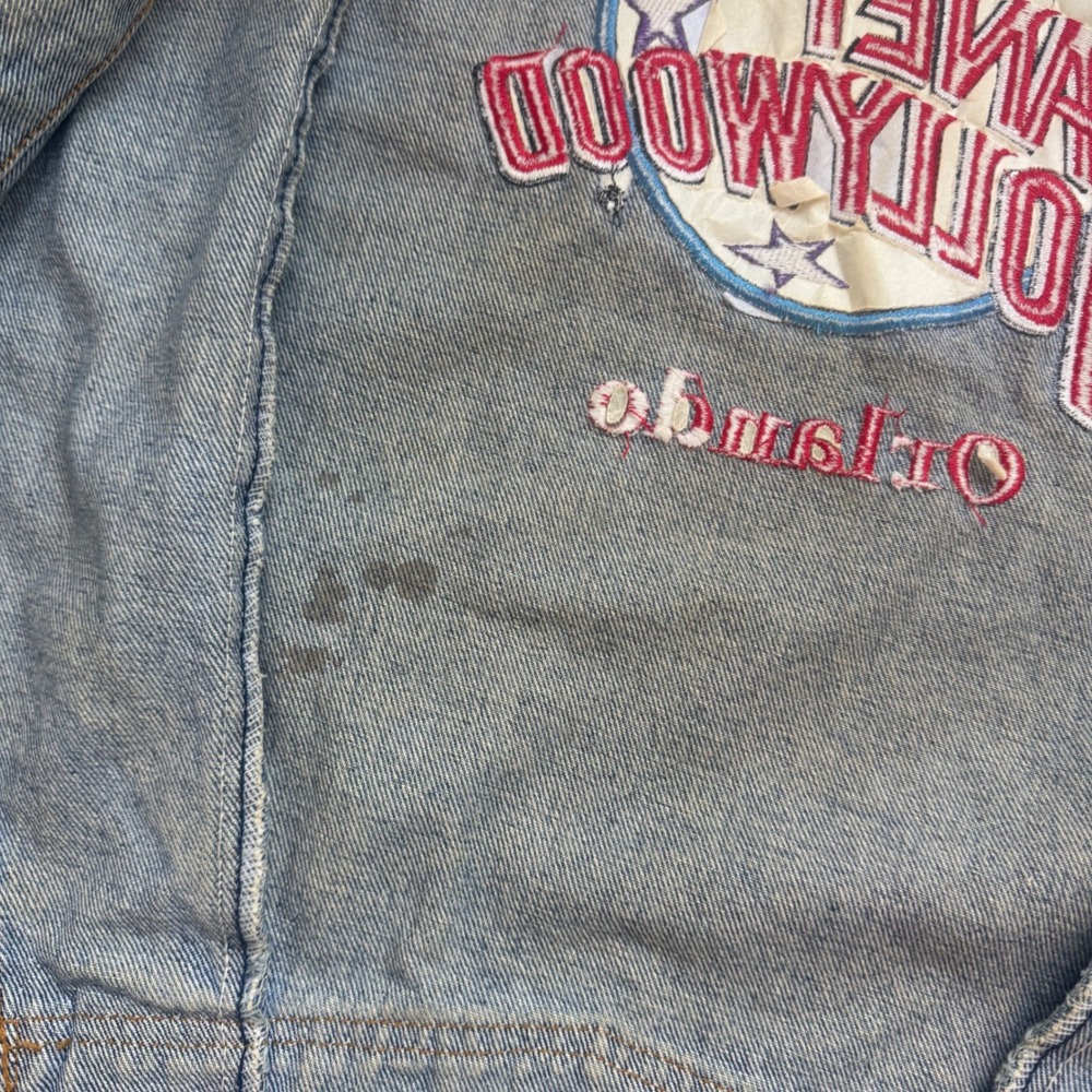 Planet Hollywood Orlando Denim Trucker Jacket L Distressed Blue Embroidered Back - Picture 8 of 10
